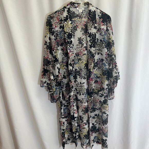 Westport Sweaters - Westport Floral Housecoat or beach cover up with collar, ruffle detail on sleeve